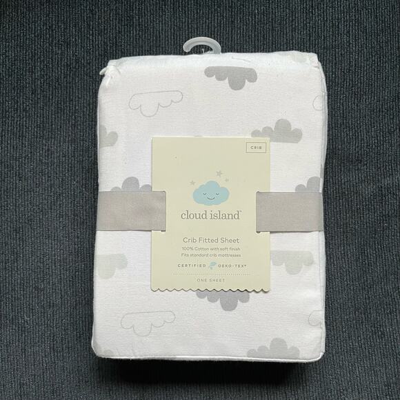 NWT Cloud Island Crib Sheet Fitted 100% Cotton Gray White Cloud Print - Picture 1 of 2